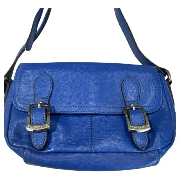 Tignanello Leather Crossbody Bag Blue Adjustable Strap Colorful Striped Lining - Picture 3 of 15
